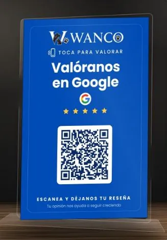 Hablador azul de Wanco: Valóranos en Google, con código QR.